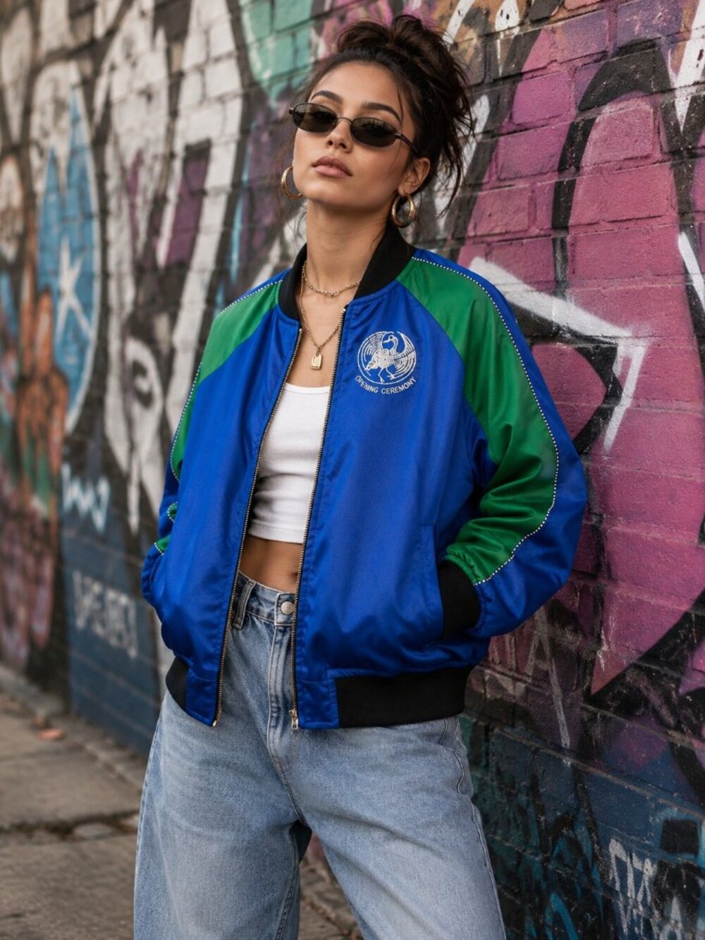 Opening Ceremony Reversible 100% Silk Embroidered Bomber Blue/Black SM-MED